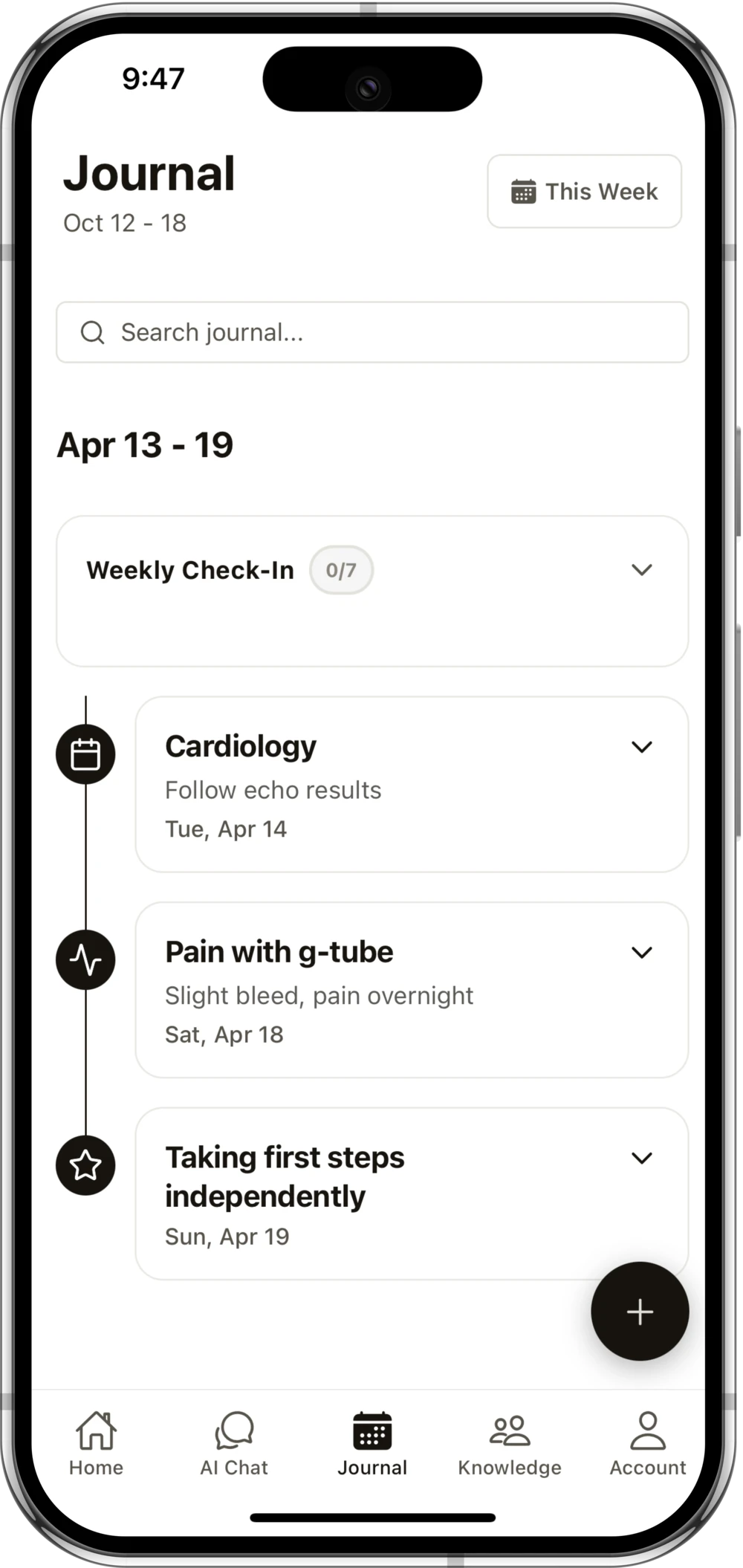 Journal interface showing daily tracking