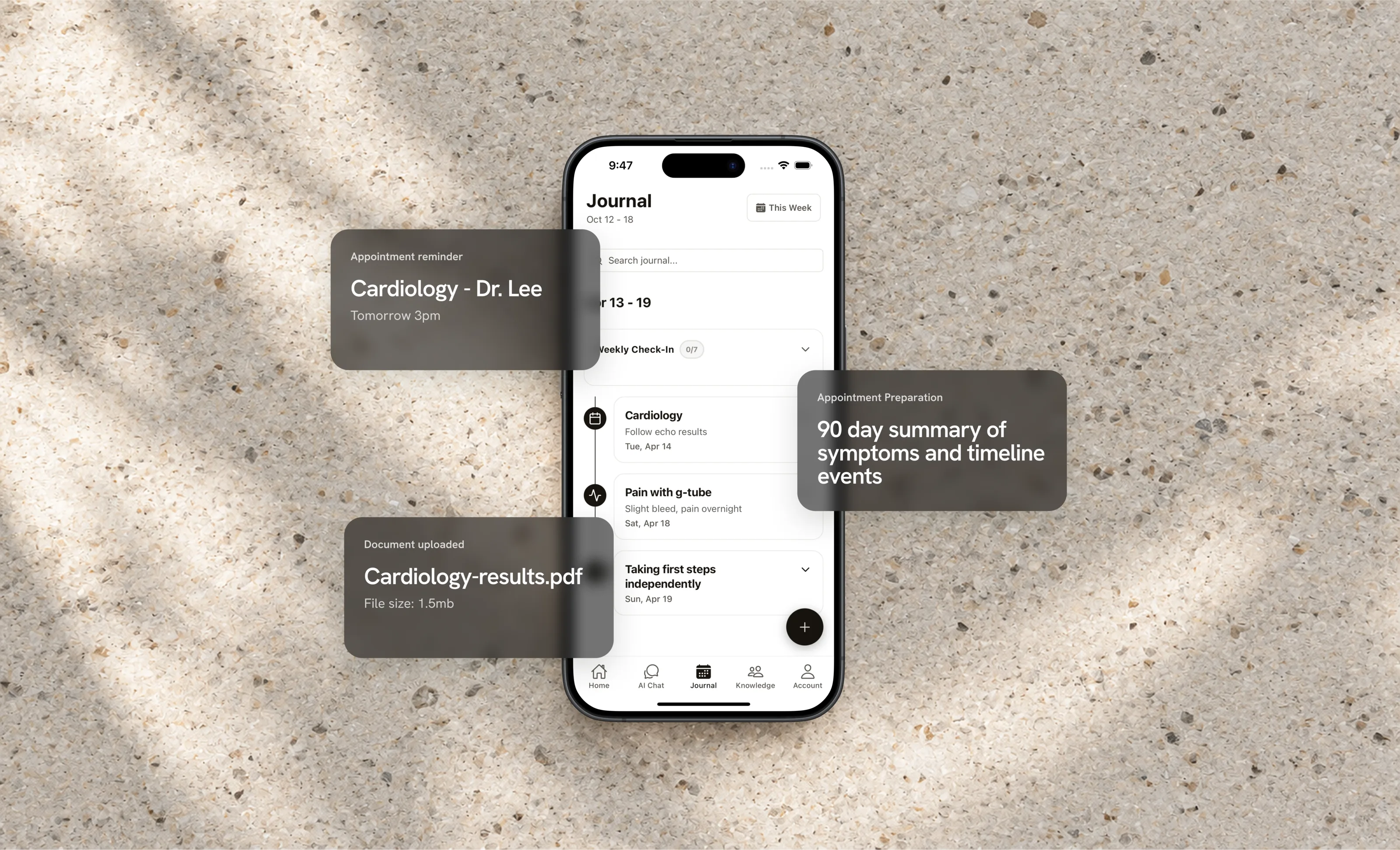 The RareJourney journal on a phone, with an appointment reminder, an uploaded document and a 90 day summary