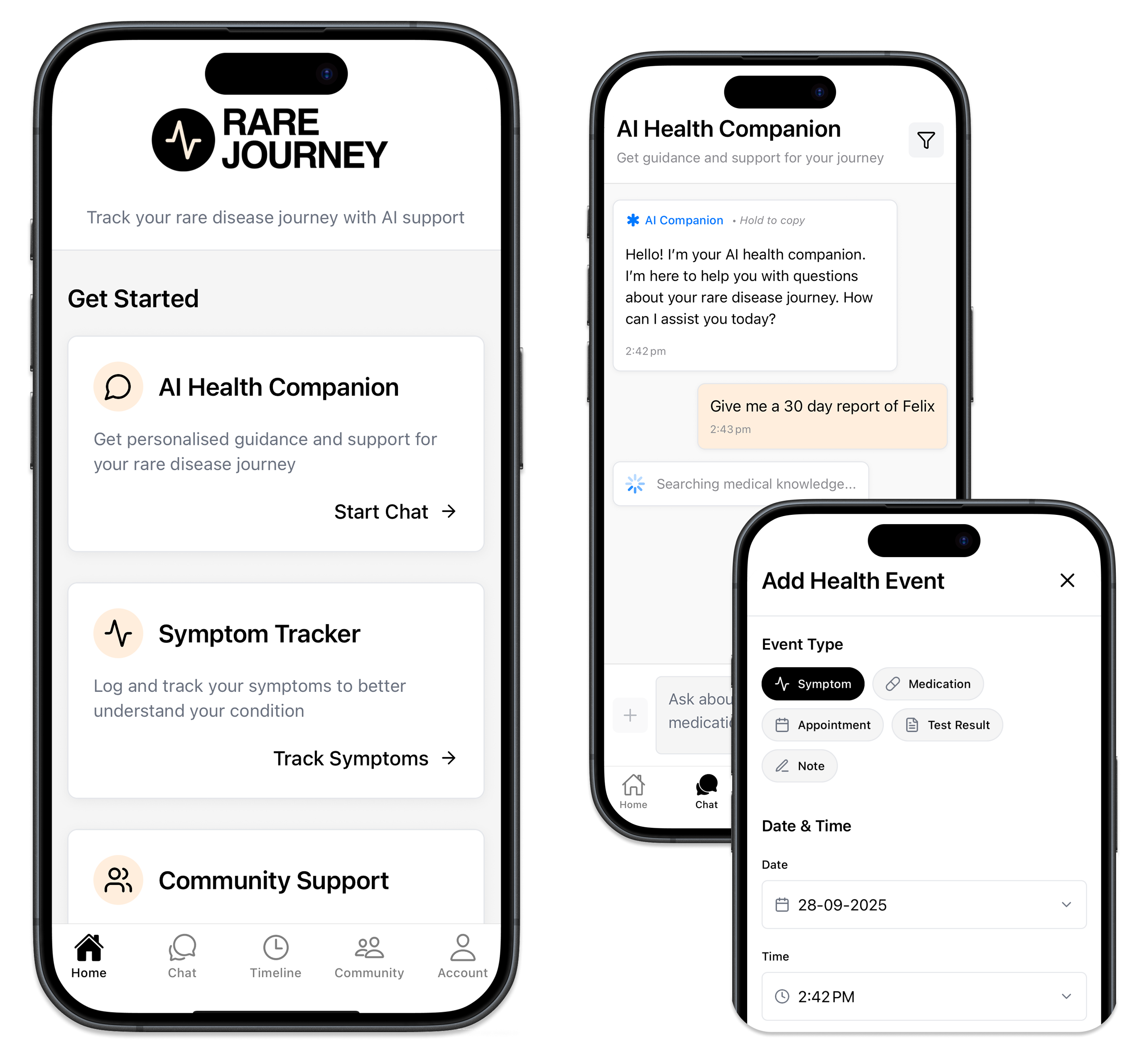 RareJourney app interface showing AI health companion, symptom tracker, and health event logging on mobile devices
